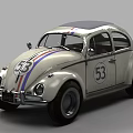 Volkswagen Beetle Car With White Body Red And Blue Stripes And Number 53