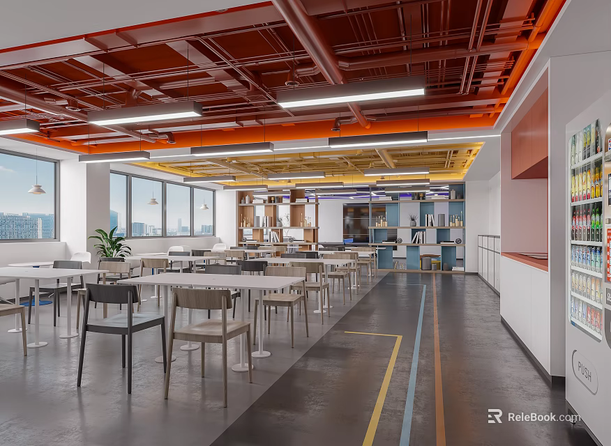Modern Office Space With Tables Chairs And Vending Machine 3d model