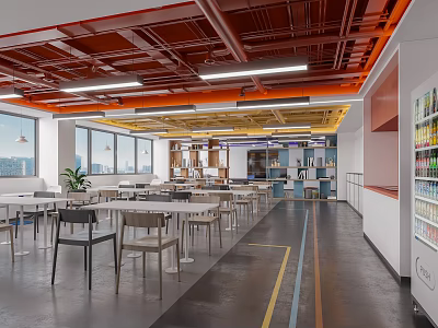 Modern Office Space With Tables Chairs And Vending Machine 3d model