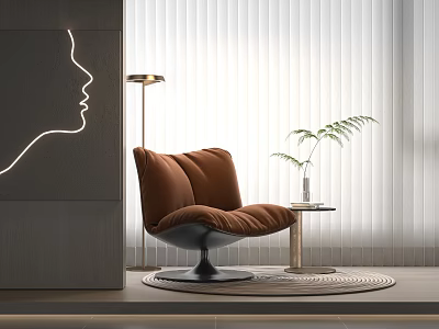 Brown Velvet Swivel Lounge Chair with Side Table Potted Plant Floor Lamp Near Blinds 3d model