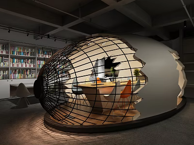 Modern Egg Shaped Meeting Room Interior With Table Chairs And Bookshelves 3d model