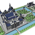 European Style Architecture Grand Castle With Spires Central Dome And Manicured Gardens