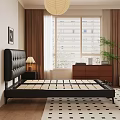 Double Bed with Black Leather Tufted Headboard White Sheets Beige Pillow and Gray Blanket