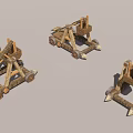 Three Ancient Wooden Mechanical Siege Engines With Wheels And Levers 3d model