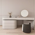 Minimalist White Dressing Table With Round Mirror Stool And Decorative Flowers 3d model
