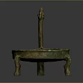 Ancient Bronze Oil Lamp With Long Curved Handle And Three Legs Circular Tray