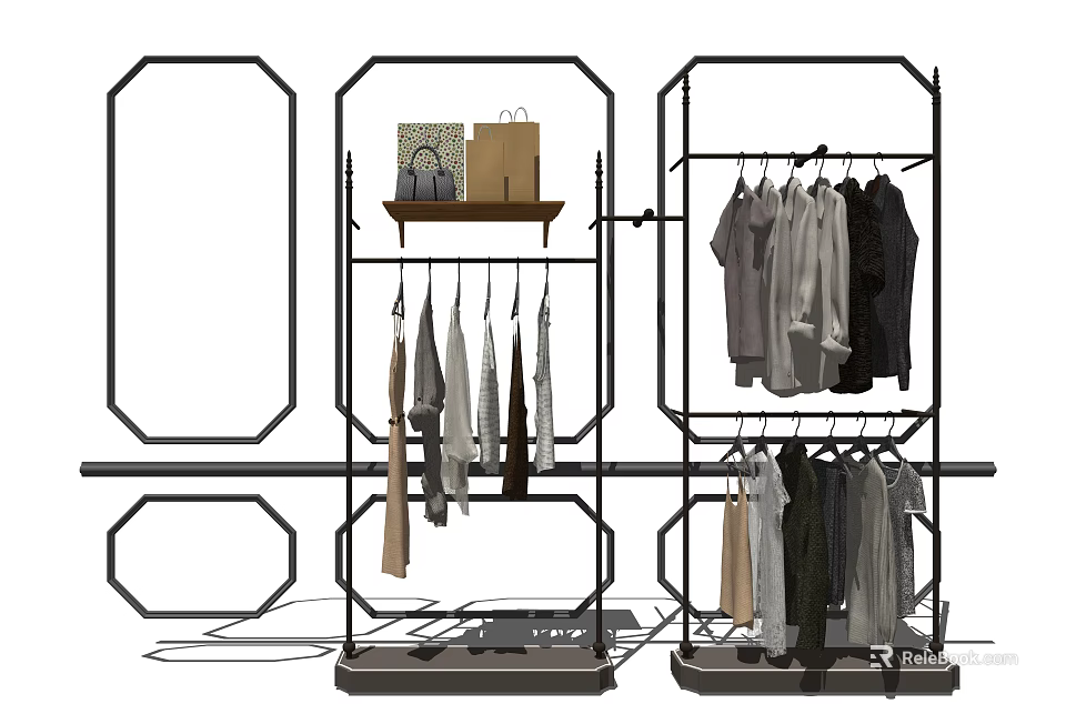 Modern Clothing Racks with Multiple Hangers Hanging Various Clothes and Accessories 3d model 