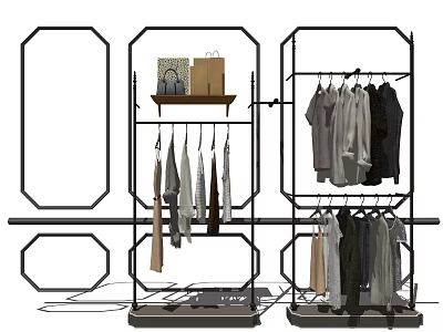 Modern Clothing Racks with Multiple Hangers Hanging Various Clothes and Accessories 3d model