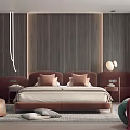 Elegant Modern Bedroom Interior Design With Wooden Wall Brown Bed And Green Chair