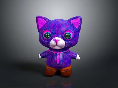 Purple Cartoon Cat Doll with Big Green Eyes Pink Outfit and Brown Shoes Cute Design 3d model