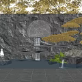 Stone Garden Wall with Circular Ornament Waterfall Feature Yellow Pine Tree Rocks And Green Plants