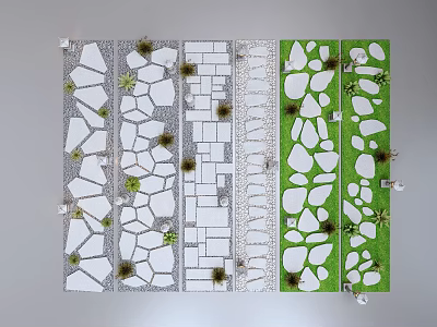 Natural Stone Wood Ground Paving Design With Various Patterns And Grass Accents 3d model
