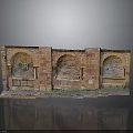 Red Brick Architectural Model With Three Arched Structures Green Moss Dark Background And Reflection 3d model