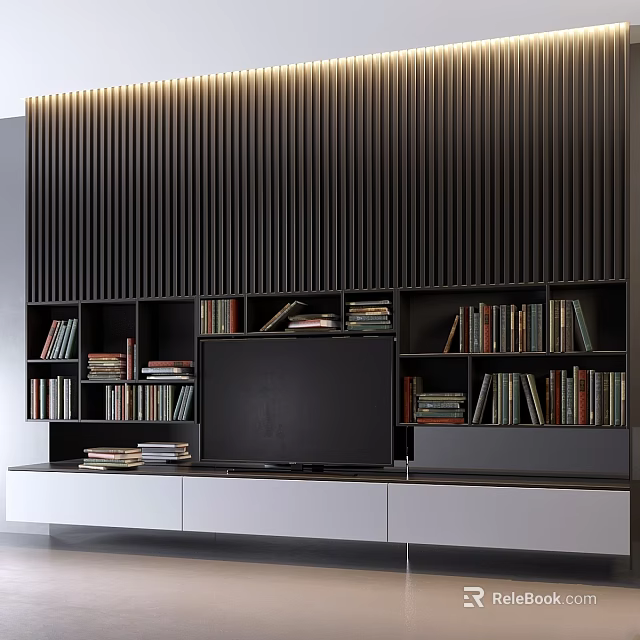 Modern TV Background Wall With Vertical Slat Design And Built In Bookshelves 3d model 