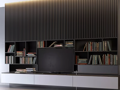 Modern TV Background Wall With Vertical Slat Design And Built In Bookshelves 3d model