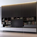 Modern TV Background Wall With Vertical Slat Design And Built In Bookshelves