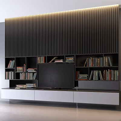 Modern TV Background Wall With Vertical Slat Design And Built In Bookshelves 3d model