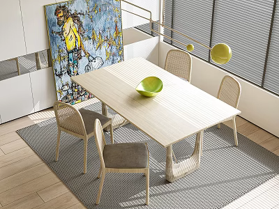 Modern Dining Table Set With Light Wood Chairs Green Bowl And Abstract Painting 3d model