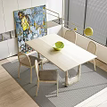 Modern Dining Table Set With Light Wood Chairs Green Bowl And Abstract Painting