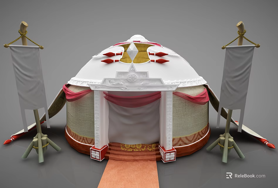 Traditional Dome Structure With White Top Red Decorations Side Banners And Red Carpet 3d model 