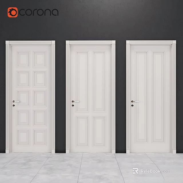 White Hinged Doors With Different Panel Patterns On Dark Wall And Light Floor 3d model 