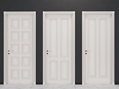 White Hinged Doors With Different Panel Patterns On Dark Wall And Light Floor 3d model