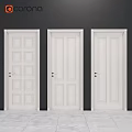 White Hinged Doors With Different Panel Patterns On Dark Wall And Light Floor 3d model