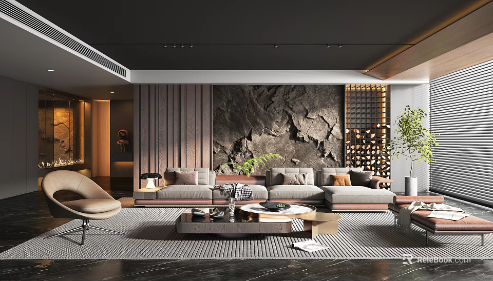Modern Living Room Interior Design With Large Sofa Coffee Table Area Rug And Decorative Wall 3d model 