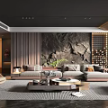 Modern Living Room Interior Design With Large Sofa Coffee Table Area Rug And Decorative Wall