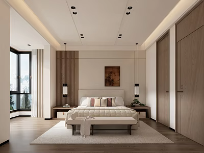 Modern Minimalist Bedroom Interior With King Bed Wooden Accents And Area Rug 3d model