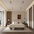 Modern Minimalist Bedroom Interior With King Bed Wooden Accents And Area Rug