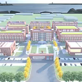 Modern Red Brick School Campus Buildings With Central Square National Flag Greenery And Football Field