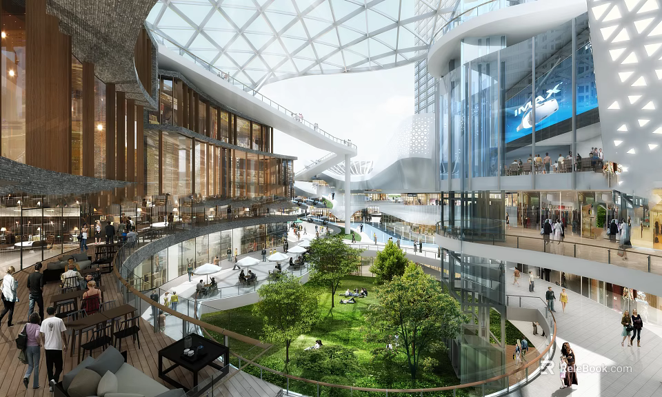 Modern Commercial Complex With Glass Dome Atrium Garden And Multi Level Walkways 3d model 