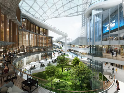 Modern Commercial Complex With Glass Dome Atrium Garden And Multi Level Walkways 3d model