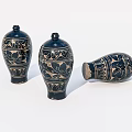 Three Traditional Ceramic Vessels With Black And Gold Floral Patterns And Lids