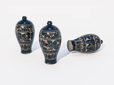 Three Traditional Ceramic Vessels With Black And Gold Floral Patterns And Lids 3d model