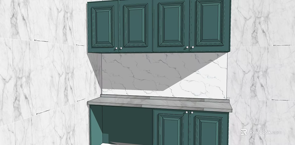 Green Kitchen Cabinets With Upper And Lower Storage And Marble Wall Countertop 3d model 