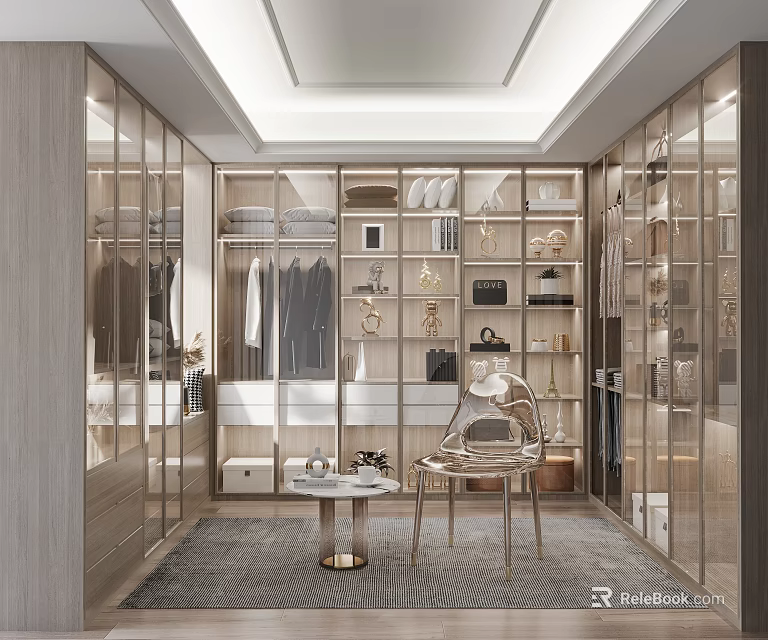 Luxury Modern Walk In Closet With Glass Doors And Seating 3d model 