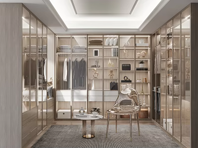 Luxury Modern Walk In Closet With Glass Doors And Seating 3d model