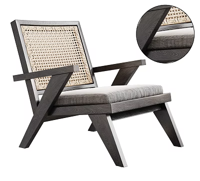 Modern Wooden Frame Accent Chair With Rattan Backrest And Gray Cushion Cross Leg Design 3d model