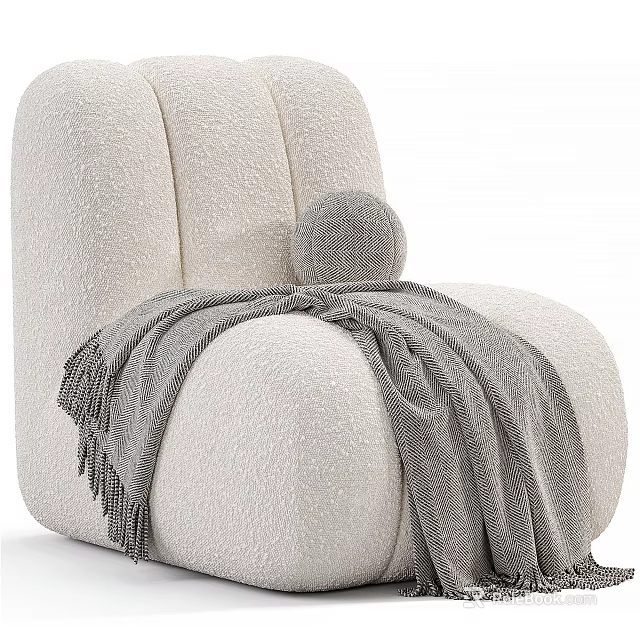 Cozy Cream Textured Single Sofa With Grey Blanket And Small Round Pillow 3d model 