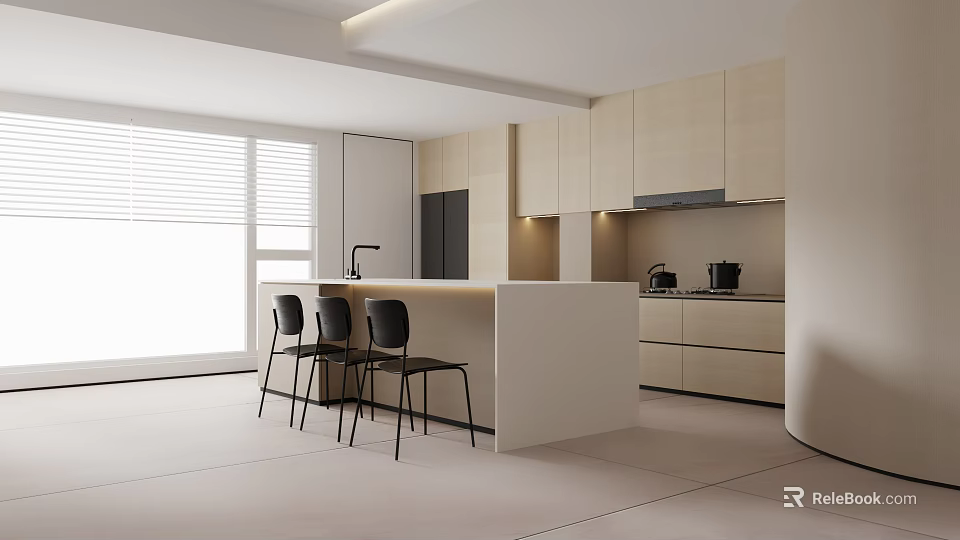 Modern Restaurant Kitchen With Open Design Light Wood Cabinets White Island Counter And Black Chairs 3d model 