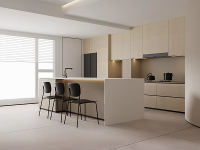 Modern Restaurant Kitchen With Open Design Light Wood Cabinets White Island Counter And Black Chairs 3d model