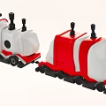Red And White Toy Train With Two Carriages Black Wheels Chimneys And Red Circular Front