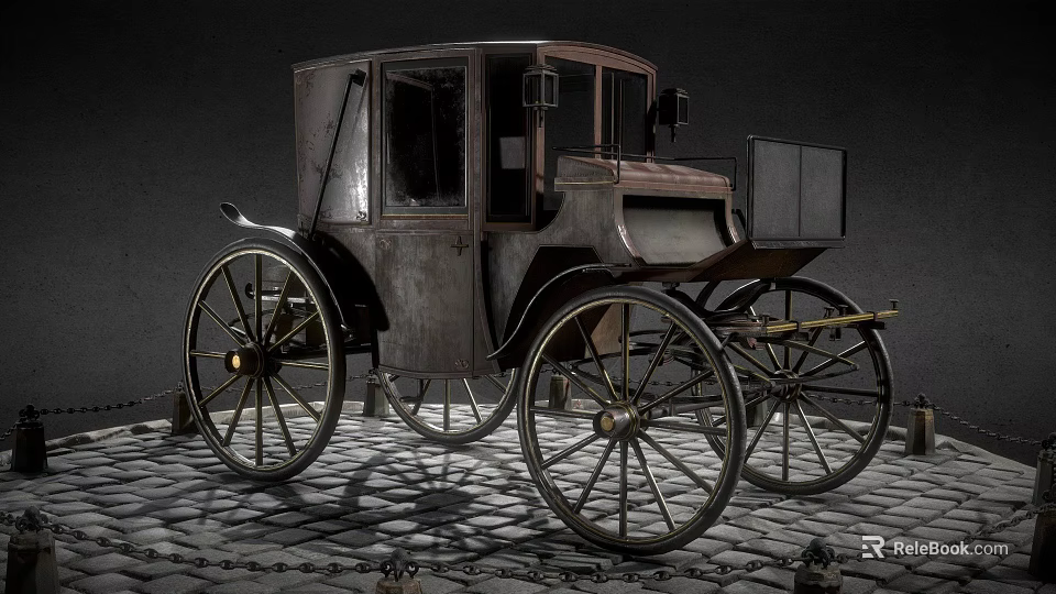 Vintage Horse Carriage With Large Spoked Wheels On Cobblestone Street 3d model 