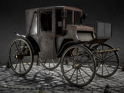 Vintage Horse Carriage With Large Spoked Wheels On Cobblestone Street 3d model
