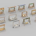 Various Outdoor Playground Swing Sets With Wooden Frames And Canopy Covers 3d model