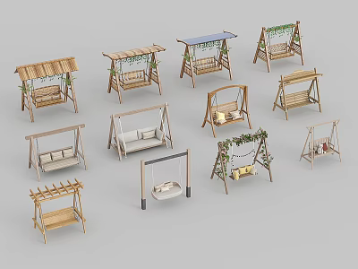 Various Outdoor Playground Swing Sets With Wooden Frames And Canopy Covers 3d model