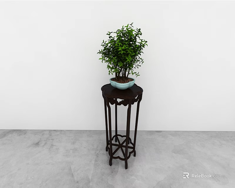 Dark Coffee Table With Light Blue Flower Pot Green Plant White Wall And Gray Floor 3d model 