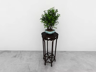 Dark Coffee Table With Light Blue Flower Pot Green Plant White Wall And Gray Floor 3d model